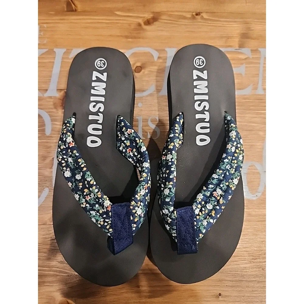 Women's Floral‎ Flip Flops Sandals Size 8 ZMISTUO Black Summer Beach Shoes